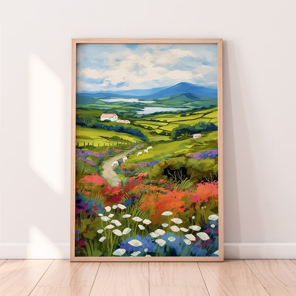 Ireland travel art, Irish Countryside Painting, Scenery wall art, Landscape Print