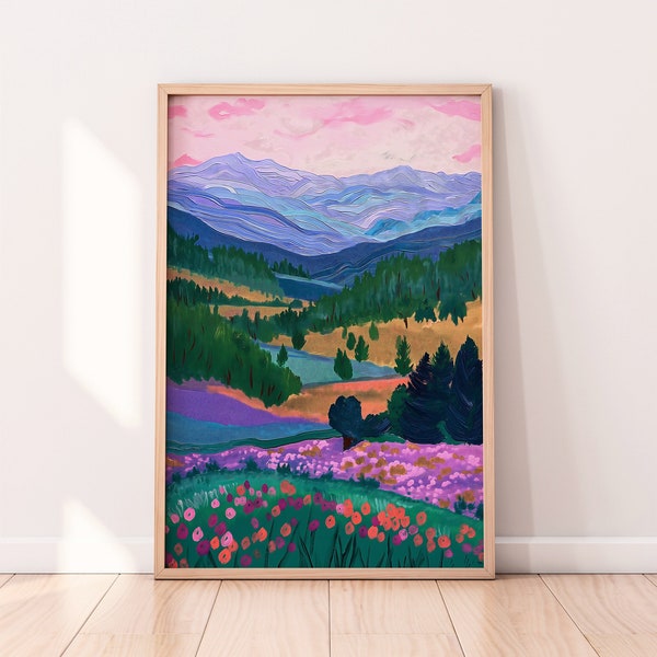 Mountains and fields painting, Colorful Wall Art, Abstract Art, Acrylic Art, Illustration Art, Living Room Print, Scenery Art, Floral Art