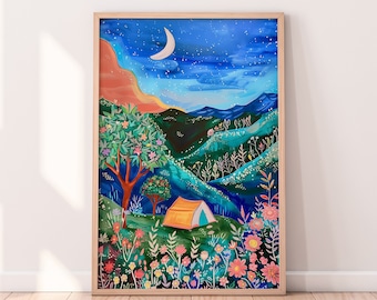 Camping at Night Illustration, Colorful Wall Art, Forest Themed Home Decor, Printable Digital