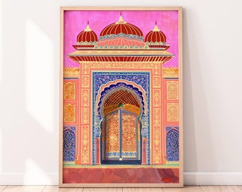 May include: A framed illustration of a colorful, ornate doorway with a pink background. The doorway is decorated with intricate details and features a large, arched entrance.