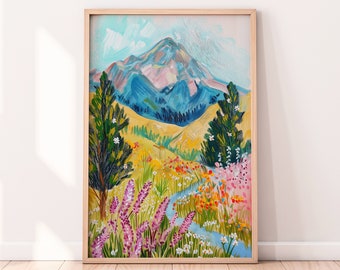 Colorful Landscape Illustration, Gouache Painting, Vibrant Meadow Print
