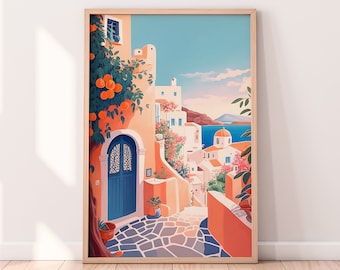 Greek Cottage Art Print: Santorini Travel Poster (Digital Download)