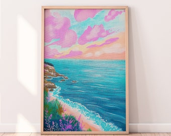 Pastel Color Seascape Painting, Colorful Wall Art, Bright Vibrant Print, Printable Digital