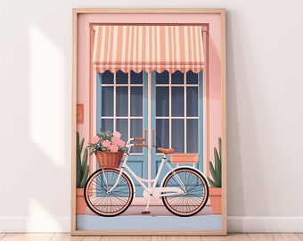 Pink Bicycle Illustration, Floral Bicycle art, Travel art, NYC art, Flower art, Bike Print