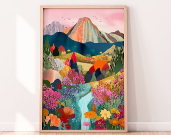 Abstract Mountain Artwork, Colorful Wall Art, Abstract Art, Patchwork, Illustration, Living Room Print, Scenery Art, Floral
