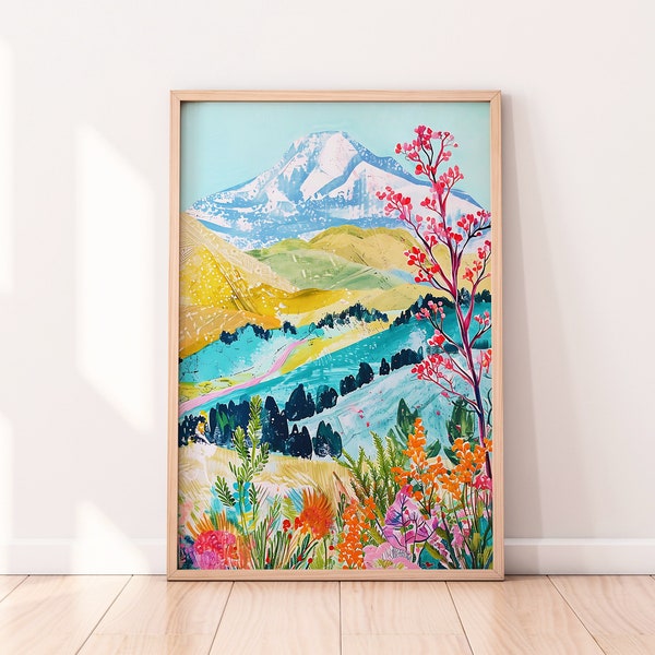 Abstract Mountain Artwork, Colorful Wall Art, Abstract Art, Acrylic Art, Illustration Art, Living Room Print, Scenery Art, Floral Art