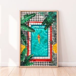 Tropical Pool Illustration, Tropical Art, Summer Decor, Botanical Wall Art, Digital Download