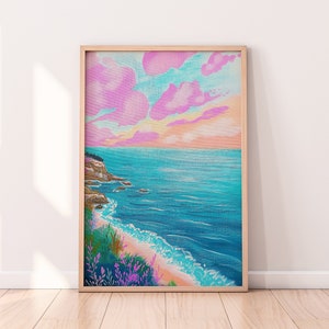 Pastel Color Seascape Painting, Colorful Wall Art, Bright Vibrant Print, Printable Digital image 1