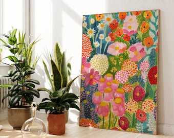 Abstract Floral Botanical Art, Colorful Wall Art, Oil Pastel Painting