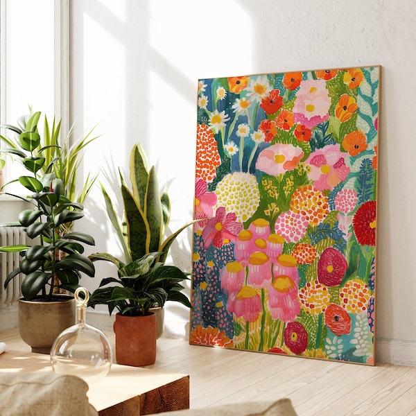 Abstract Floral Botanical Art, Colorful Wall Art, Oil Pastel Painting