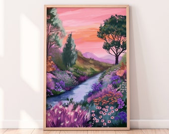 Sunrise Landscape Illustration: Pink Purple Floral Scenery (Digital Download)