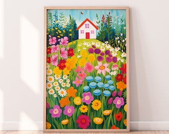 Arte de parede colorida para quarto de crianças, pintura floral de jardim, decoração de sala de jogos, impressão digital