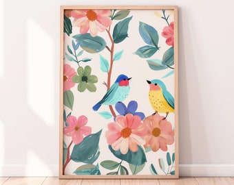 Blommig fågelillustration: Pastellfärgad vårkonsttryck (digital nedladdning)