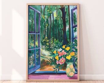 Forest Illustration, Colorful Wall Art, Garden Painting, Digital Download