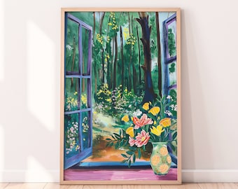 May include: A framed painting of a window looking out onto a green forest with a path leading into the woods. A vase of colorful flowers sits on a windowsill in the foreground.