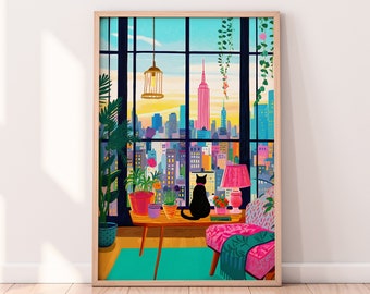 Cat in New York Illustration, New York art, Colorful Wall Art, Maximalist Decor, Travel art, NYC