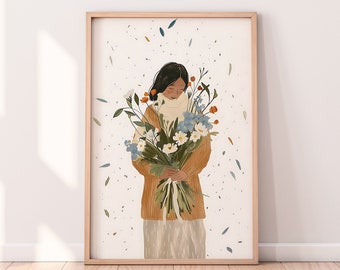 Boho Woman with Flowers Art Print: Minimalist Female Portrait (Digital Download)