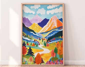Abstract Autumn Mountain Painting, Colorful Wall Art, Abstract Wall Art, Acrylic Art, Printable Art, Living Room Print, Scenery Art Print