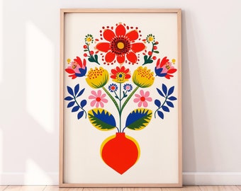 May include: A framed print of a colourful floral bouquet with red, yellow, blue, and green flowers in a red vase. The flowers are stylised and have a folk art aesthetic.