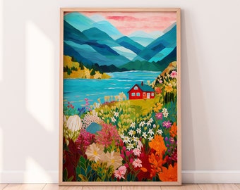 Impresión floral de montaña y lago: Arte mural con paisajes vibrantes (descarga digital)