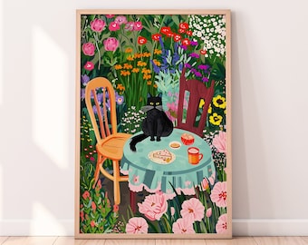 Garden Cat Art Print: Floral Afternoon Tea Illustration (Digital Download)