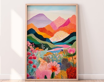 Œuvre d’art abstraite de montagne, art mural coloré, art abstrait, patchwork, illustration, impression de salon, art du paysage, floral