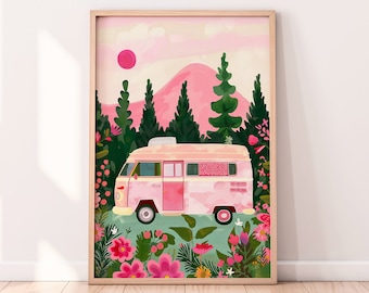 VW camper illustratie, digitale download, camper reizen kunst aan de muur, levendig decor, cadeau voor kampeerders, girly camping afdrukbare kunst