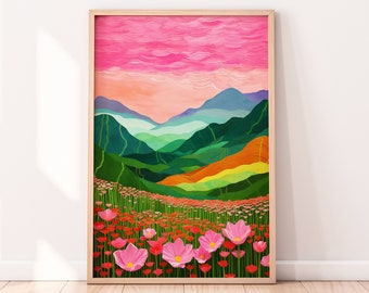 Pink Wildflower Meadow Illustration, Floral Botanical Drawing, Colorful Vibrant Wall Art, Fine Art Nature Print