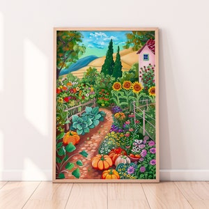 Gemüsegarten Malerei, druckbare digitale, bunte Landschaft Wandkunst, Sommer helle lebendige Illustration, Blumen botanische Zeichnung