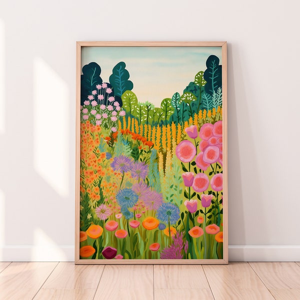 Flower Garden Painting Colorful Scenery Wall Art Summer Bright Vibrant Printable Digital Floral Botanical Drawing