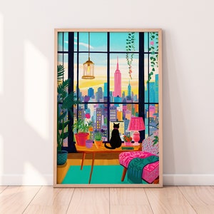 Illustration de chat à New York, art new-yorkais, art mural coloré, décoration maximaliste, art du voyage, New York