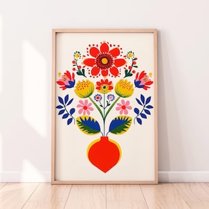 Bunte florale Volkskunst im skandinavischen Stil, Blumenwandkunst, norwegische Kunst, digitaler Download