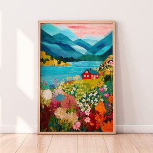 Lake Life, Colorful Scenery Wall Art, Mountain Bright Vibrant Print, Floral Wall Art, Garden Drawing image 1