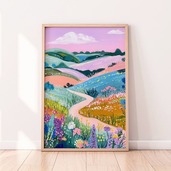 Colorful Meadow Wall Art, Landscape Art Print, Gouache Painting, Vibrant Print