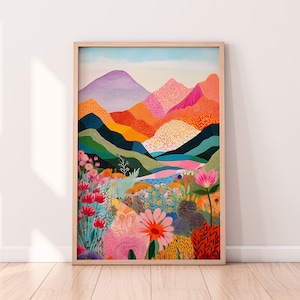 Abstract Mountain Artwork, Colorful Wall Art, Abstract Art, Patchwork, Illustration, Living Room Print, Scenery Art, Floral image 1