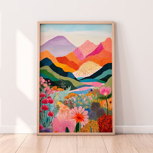 Abstract Mountain Artwork, Colorful Wall Art, Abstract Art, Patchwork, Illustration, Living Room Print, Scenery Art, Floral