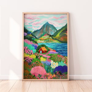 Cute Hut in the Mountain, Colorful Scenery Wall Art Summer Bright Vibrant Print Printable Digital Floral Botanical Drawing