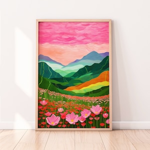 Roze wilde bloemenweideprint: botanische natuurkunst (digitale download)