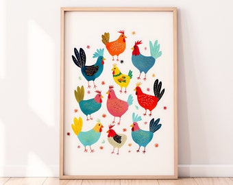 pintura de galinha, ilustração decorativa colorida, quarto infantil, arte de berçário, impressão fofa, decoração de quarto infantil