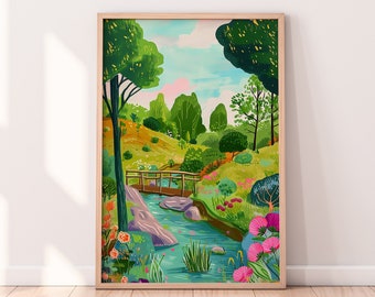 Garden Painting, Colorful Scenery Wall Art, Floral Summer Bright Vibrant Print