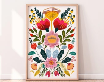 Colorful Floral Folk Art, Illustration, Scandinavian Art Norwegian Nordic Wall Art Bedroom Living Room, Digital DOWNLOAD