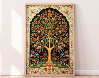 Indischer Blumenkunstdruck, indische Vintage-Kunst, Volksdrucke, Baum des Lebens, Pichwai-Gemälde, indische Malerei, indische Wandkunst, floraler Kunstdruck