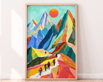 Colorful Mountain Wall Art, Hiking Abstract Painting Art Print