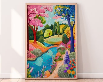 Colorful River Scenery Wall Art, Summer Bright Vibrant Print, Abstract Art