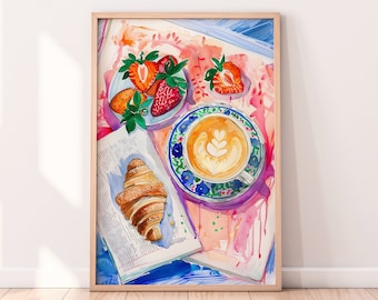 Arte de pared imprimible de café y croissant, arte del rincón del desayuno, impresión de arte del café en acuarela, regalo para los amantes del café, arte de la cocina
