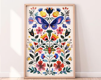 May include: A framed print of a colorful floral design with a butterfly in the center. The flowers are red, yellow, blue, and green. The butterfly is purple and blue.