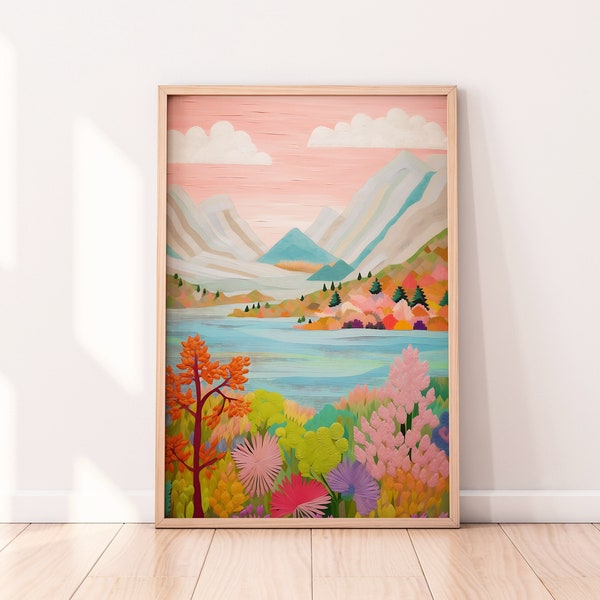 Abstract Pink Sky Landscape Artwork, Colorful Wall Art, Acrylic Art, Illustration, Living Room Print, Scenery Floral Art