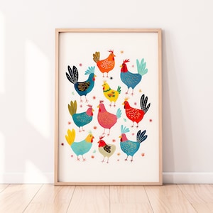 chicken painting, colorful decorative illustration, children&#39;s room, nursery art, cute print, kids room decor