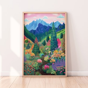 Floral Mountain Scenery Illustration, Printable Digital, Colorful Landscape Art