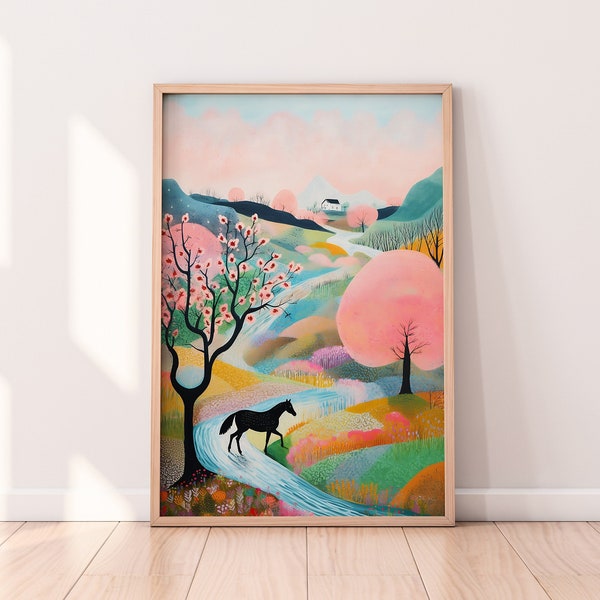 Colorful Spring Meadow Horse Drawing Mountain Painting Scenery Wall Art Summer Bright Vibrant Print Printable Digital Abstract Wall Art